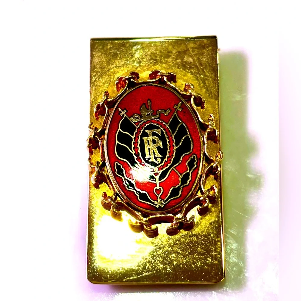 Vintage Holdtone Swank Money Clip Money Holder with Black/Red Crest “FR”